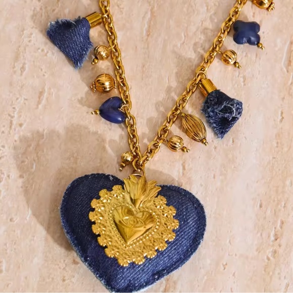 New!Anthropologie jeans color lux stainless Gold Blue Heart Pendant Necklace NWT - Picture 11 of 12